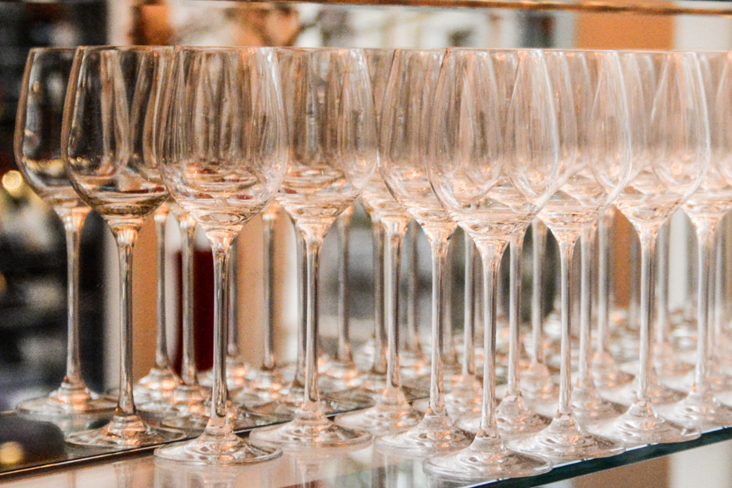 Wine glasses at Brasserie Ambassade in Amsterdam, ready for service