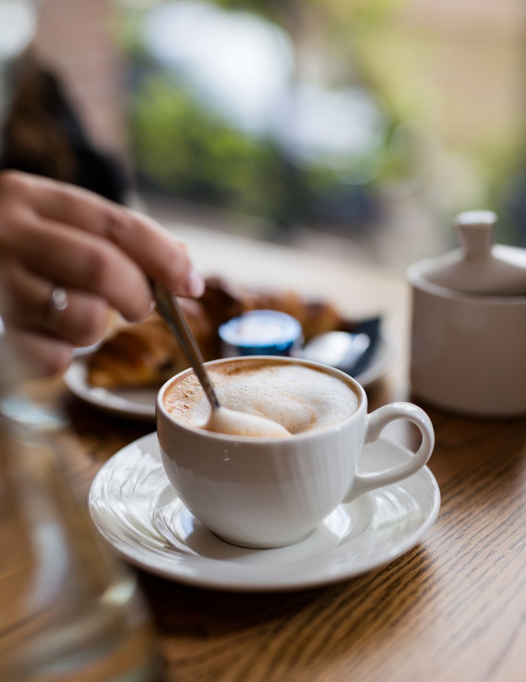 Close-up of a freshly brewed cup of coffee at Brasserie Ambassade in Amsterdam